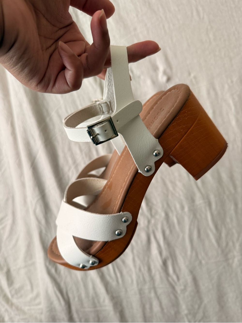 White Strappy Platform Block Heel Sandals with Ankle Buckle
